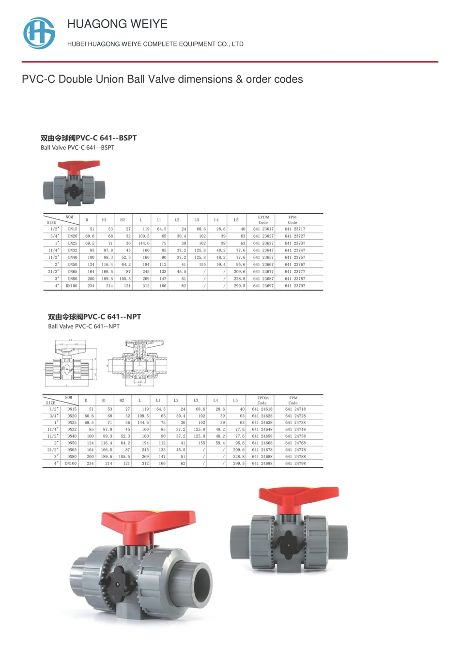 PVC-C Double Union Ball Valve dimensions & order codes