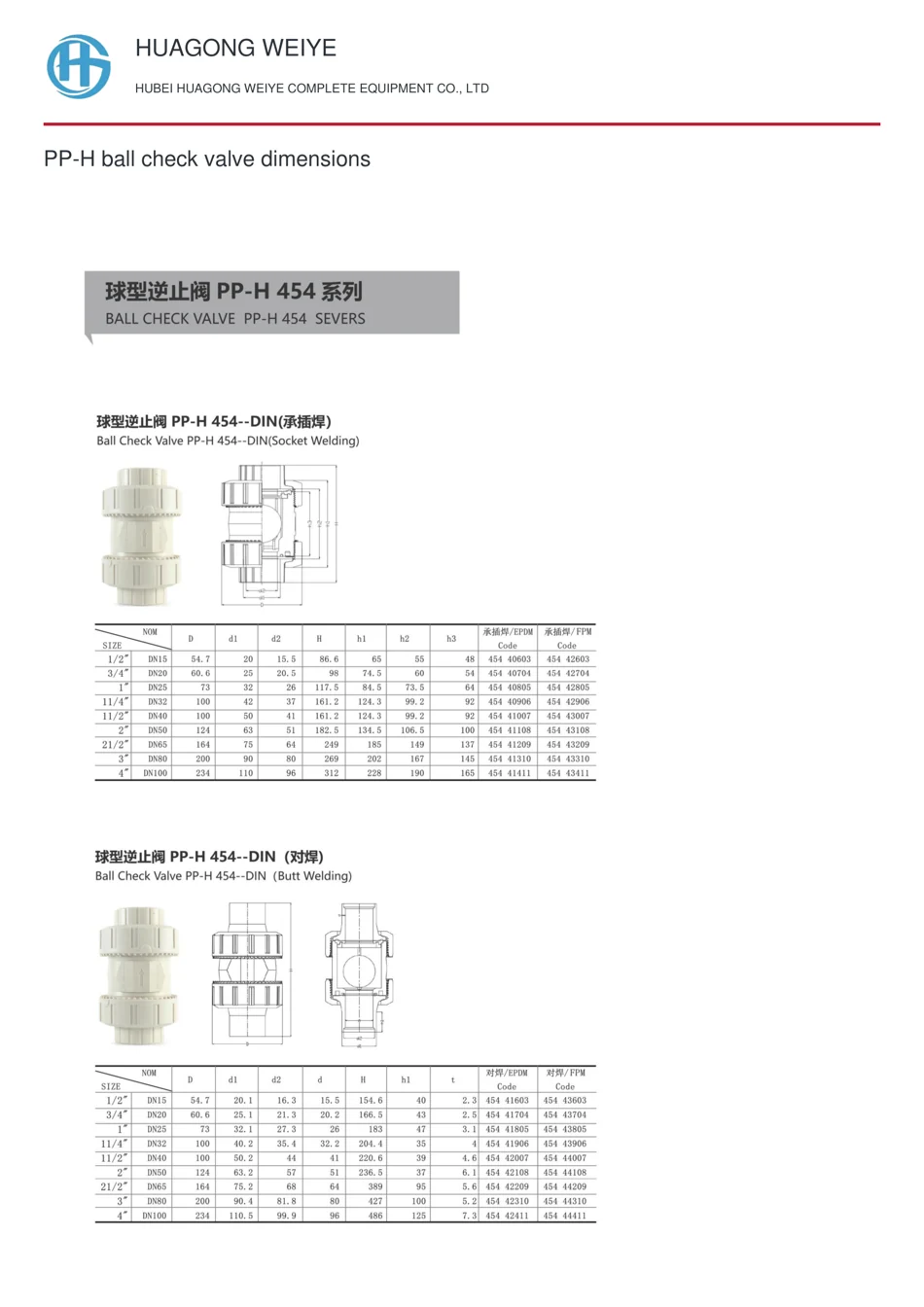 PP-H ball check valve dimensions