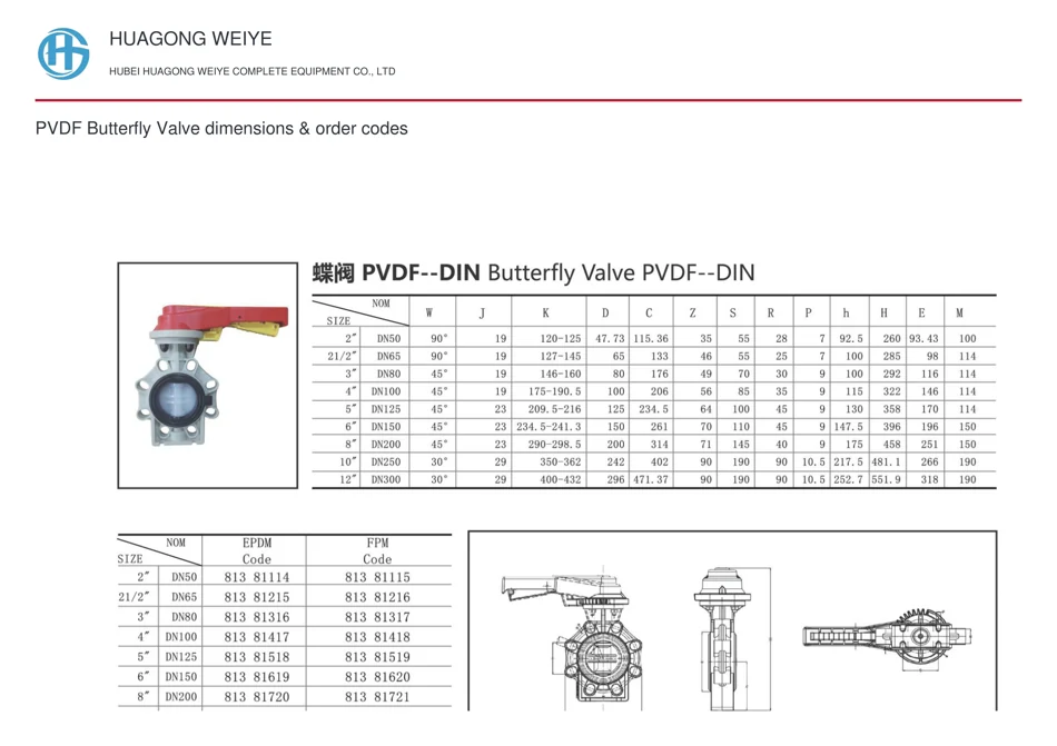PVDF 蝶阀尺寸与订货代码